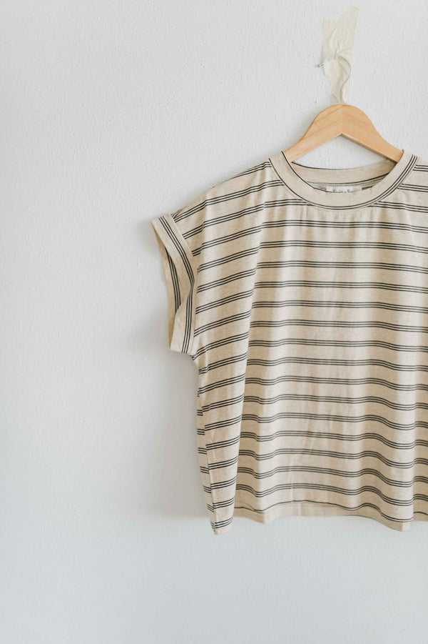 striped cap sleeve top | oat + brown