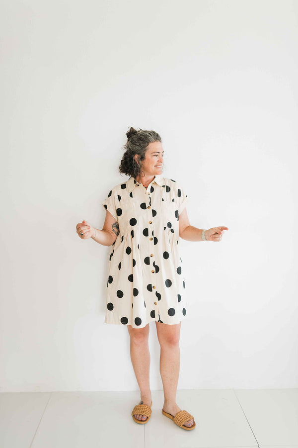 polka dot pleated poplin mini dress | cream + black