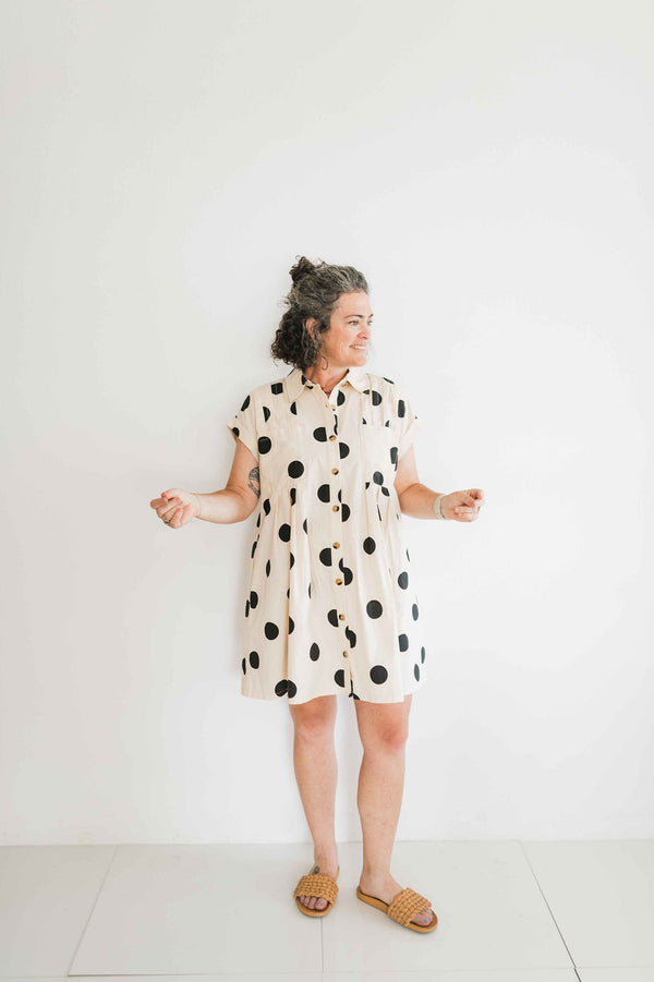 polka dot pleated poplin mini dress | cream + black