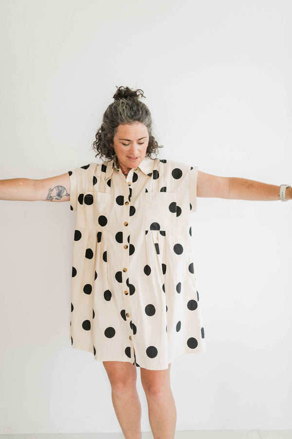 polka dot pleated poplin mini dress | cream + black