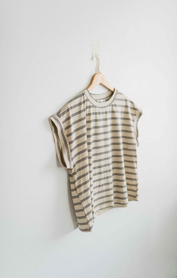 striped cap sleeve top | oat + brown