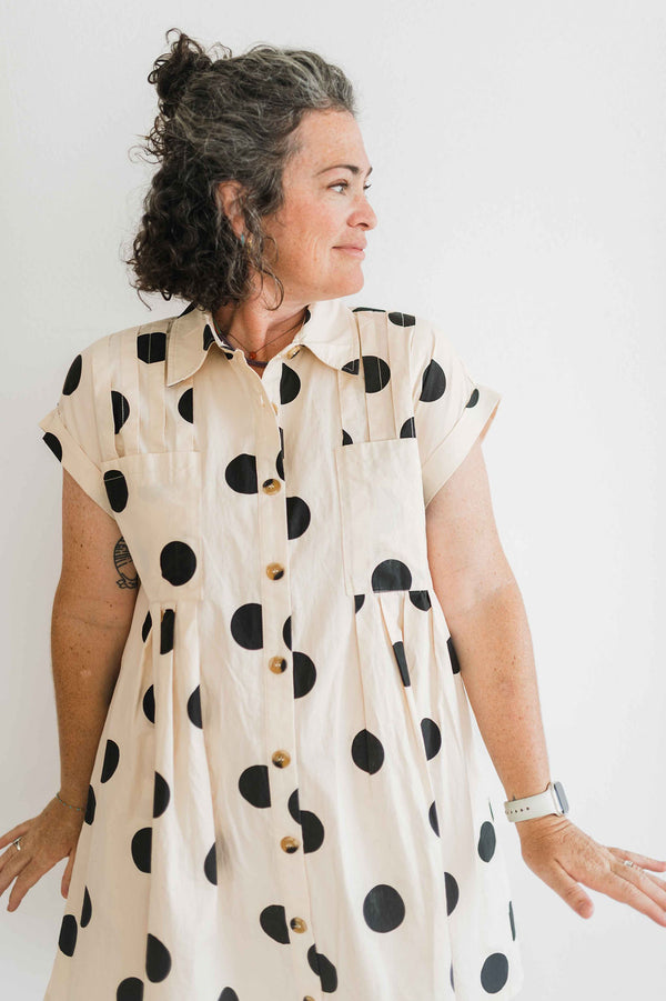 polka dot pleated poplin mini dress | cream + black