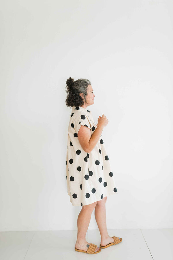polka dot pleated poplin mini dress | cream + black