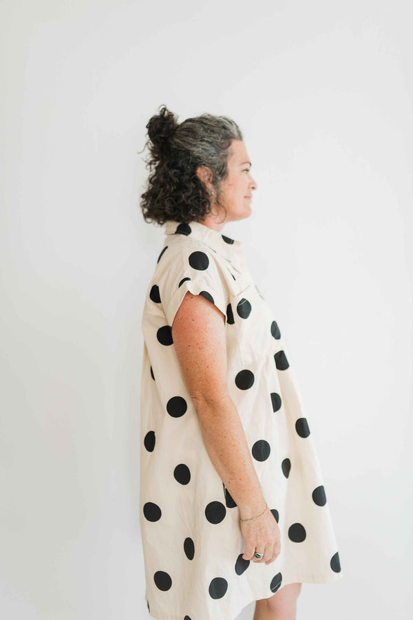 polka dot pleated poplin mini dress | cream + black
