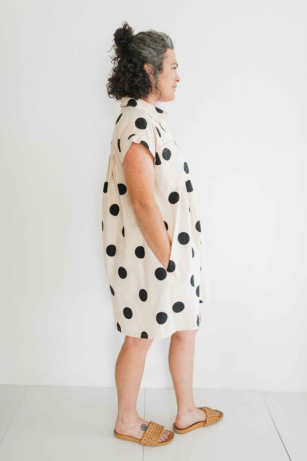 polka dot pleated poplin mini dress | cream + black