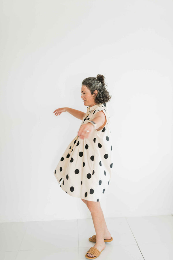 polka dot pleated poplin mini dress | cream + black