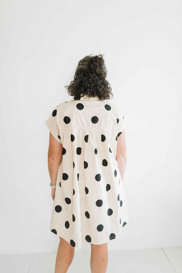 polka dot pleated poplin mini dress | cream + black