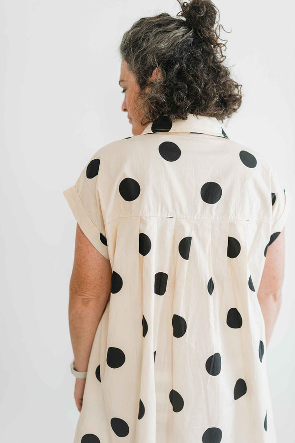polka dot pleated poplin mini dress | cream + black