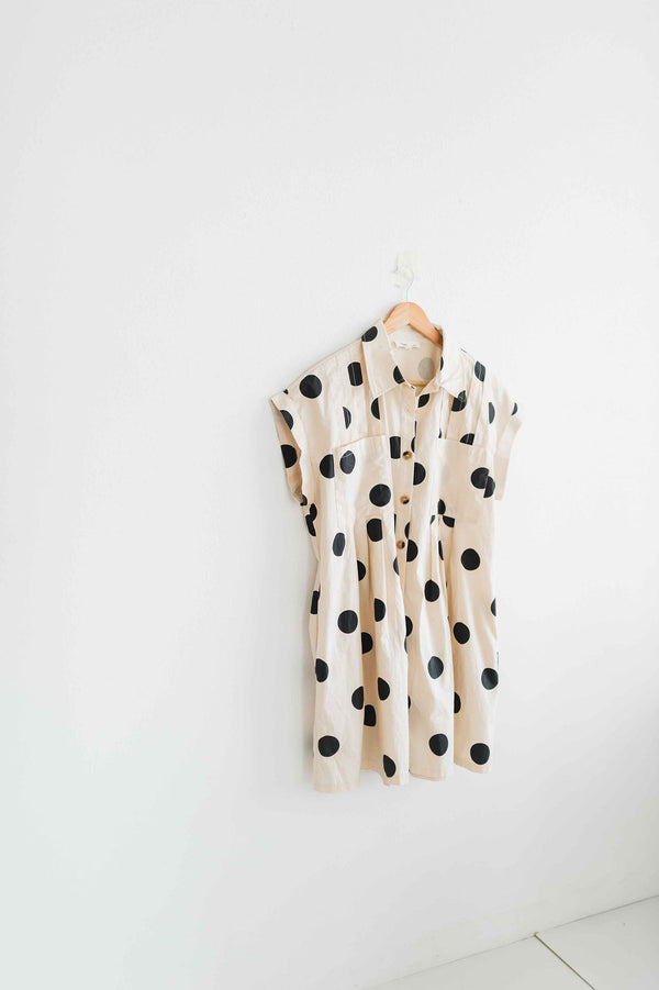 polka dot pleated poplin mini dress | cream + black