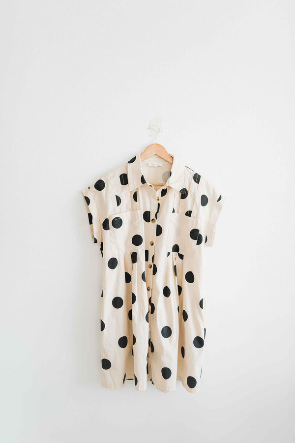 polka dot pleated poplin mini dress | cream + black