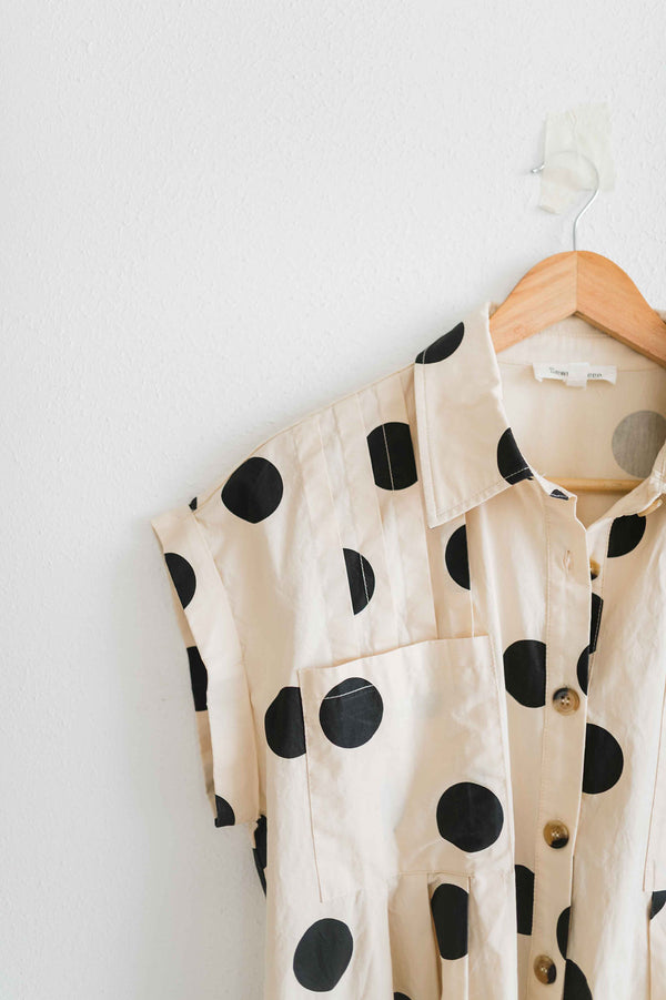 polka dot pleated poplin mini dress | cream + black