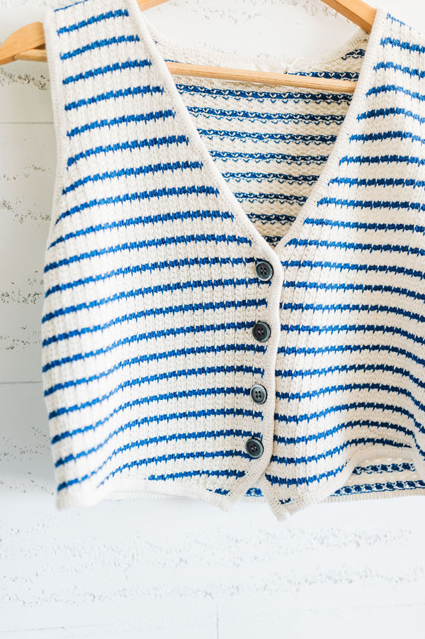striped knit sweater vest | blue and white