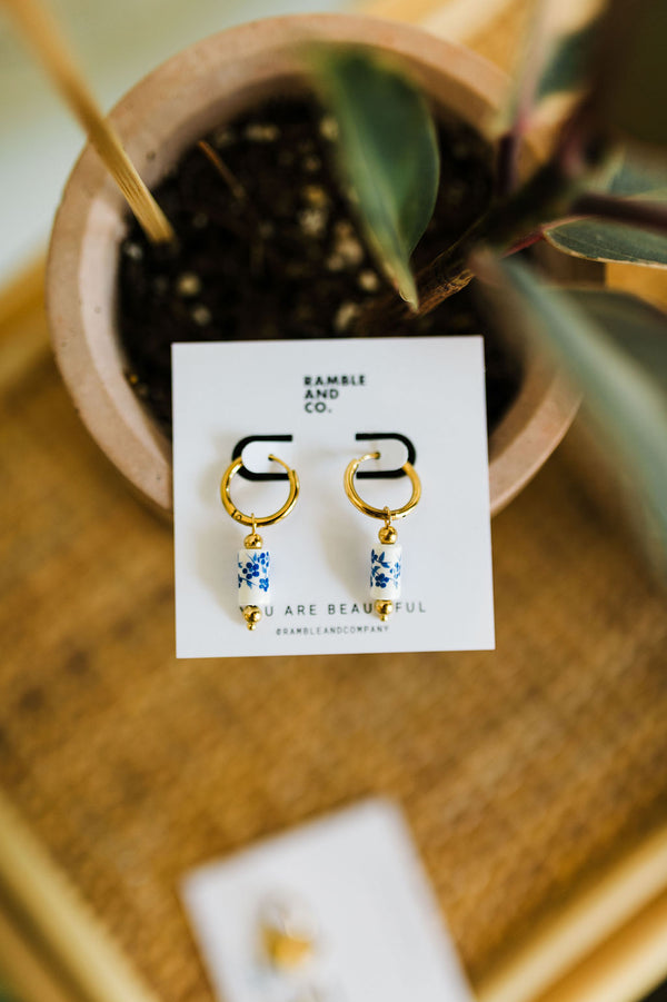blue and white porcelain huggies | 18k gold earrings