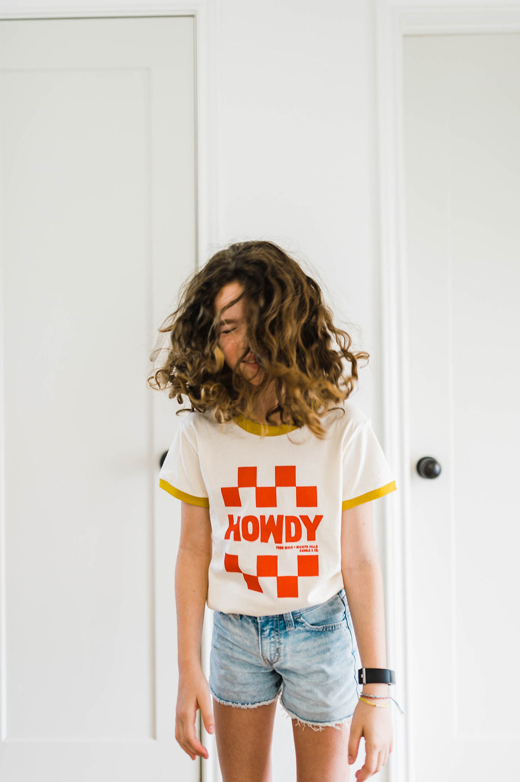 howdy check | kids ringer tee mustard