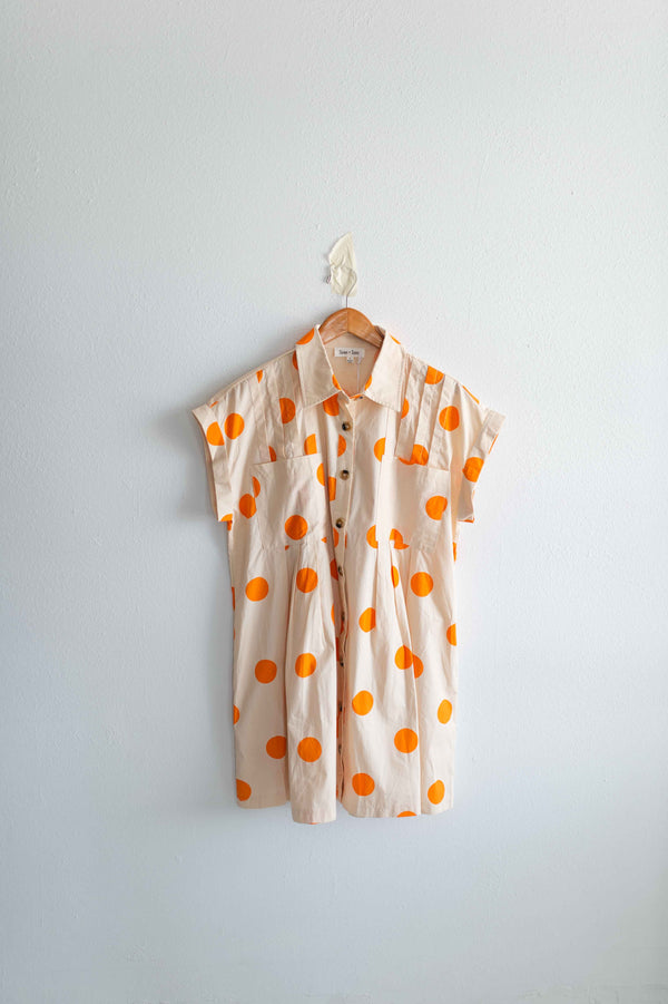 polka dot pleated poplin mini dress | cream + orange