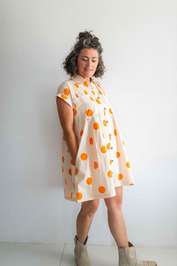 polka dot pleated poplin mini dress | cream + orange