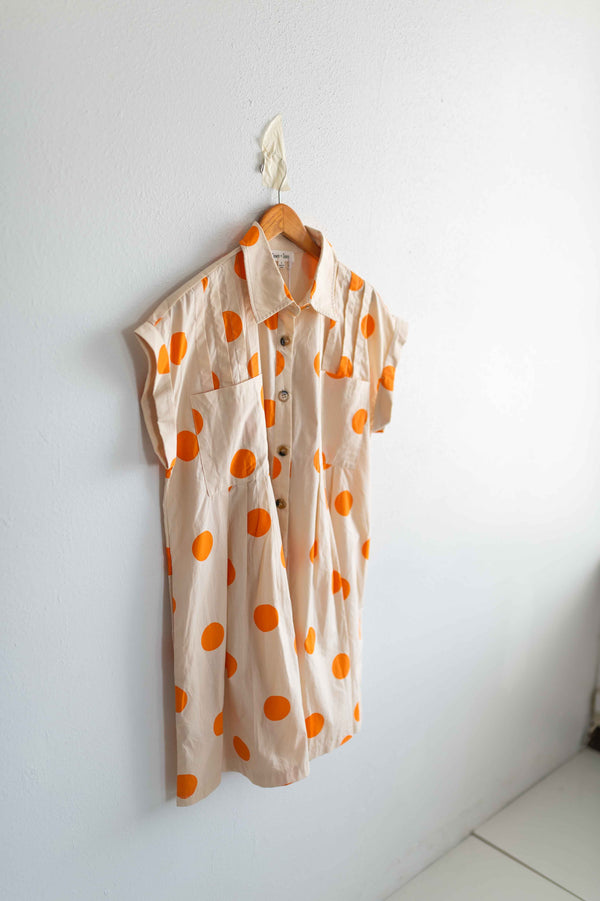 polka dot pleated poplin mini dress | cream + orange