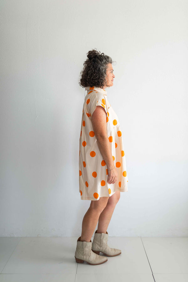 polka dot pleated poplin mini dress | cream + orange