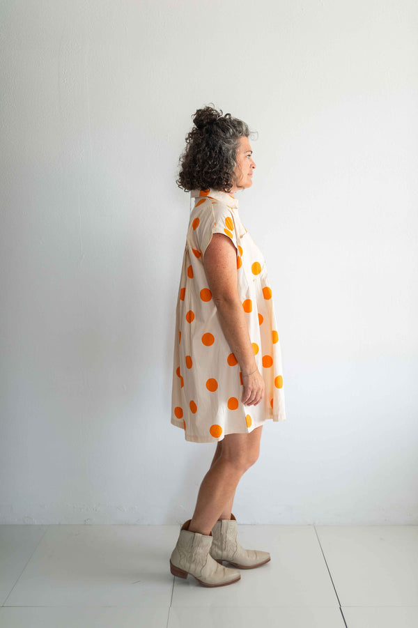 polka dot pleated poplin mini dress | cream + orange