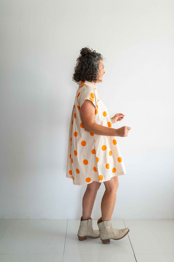 polka dot pleated poplin mini dress | cream + orange