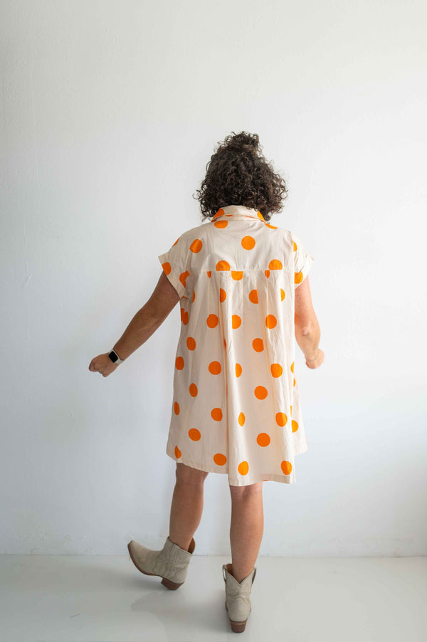 polka dot pleated poplin mini dress | cream + orange