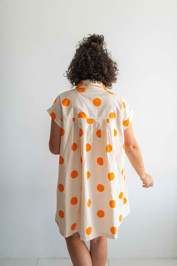 polka dot pleated poplin mini dress | cream + orange