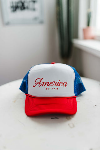 america script, est 1776 | red, white and blue foam trucker hat