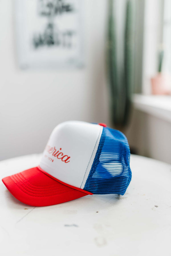 america script, est 1776 | red, white and blue foam trucker hat