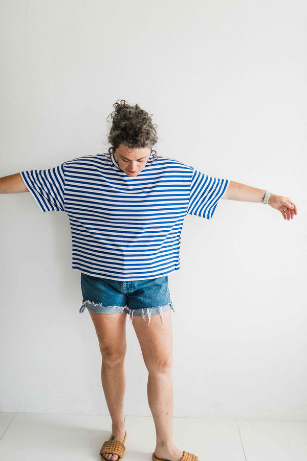 oversized boyfriend tee| cobalt stripe