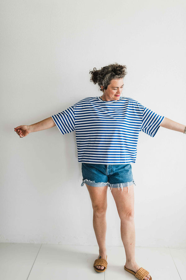 oversized boyfriend tee| cobalt stripe