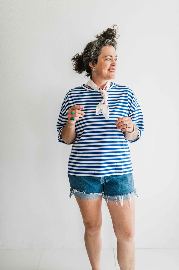 oversized boyfriend tee| cobalt stripe