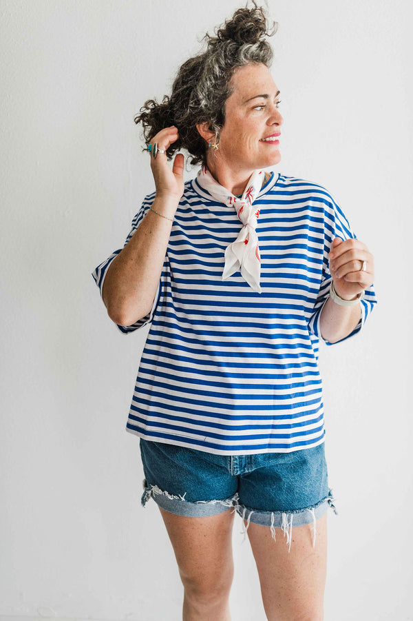 oversized boyfriend tee| cobalt stripe