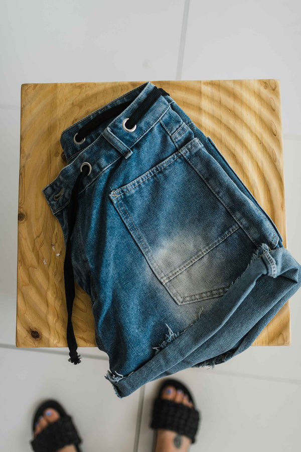 lace-up shorts | blue denim