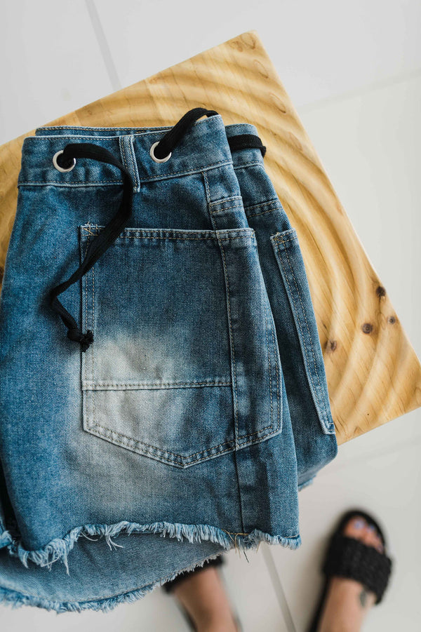 lace-up shorts | blue denim