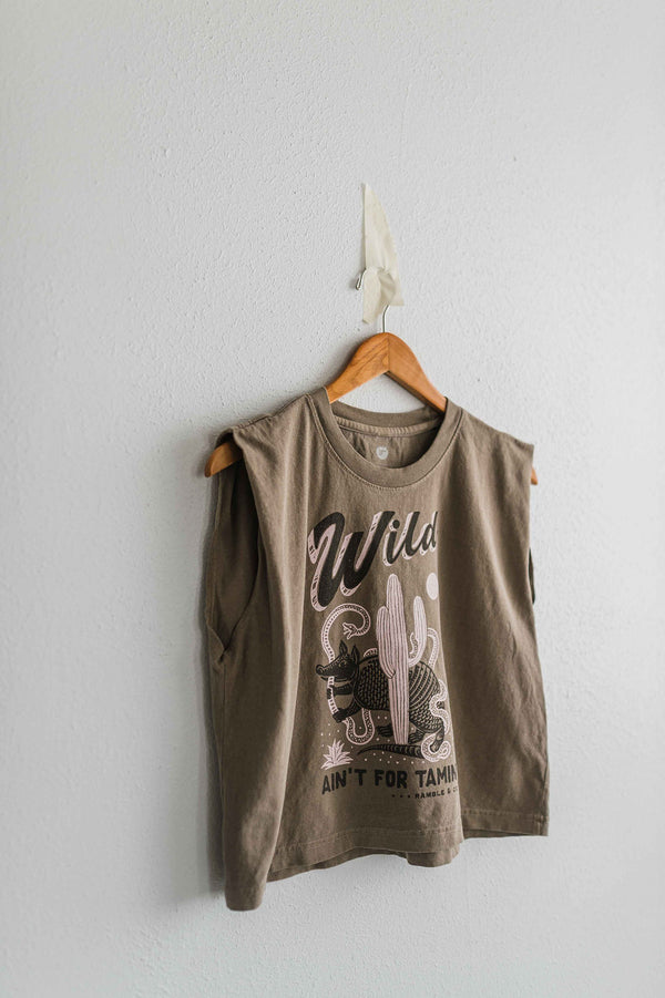 wild ain't for tamin' desert | faded brown boxy muscle tee