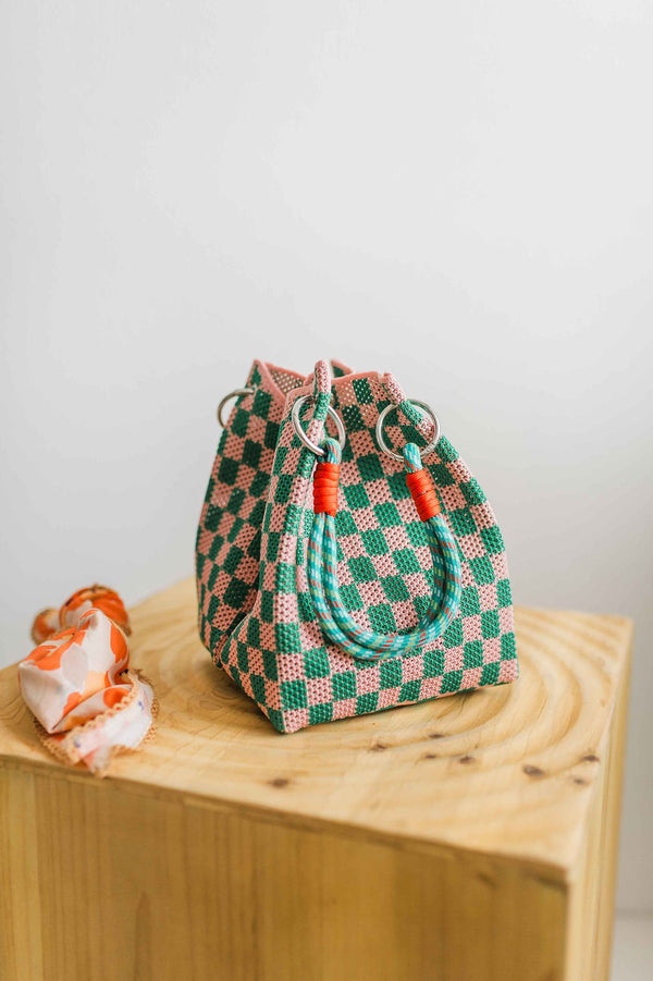 check rope purse | green and pink