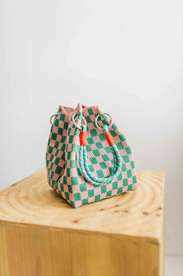 check rope purse | green and pink