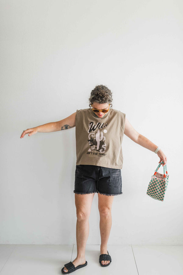 wild ain't for tamin' desert | faded brown boxy muscle tee