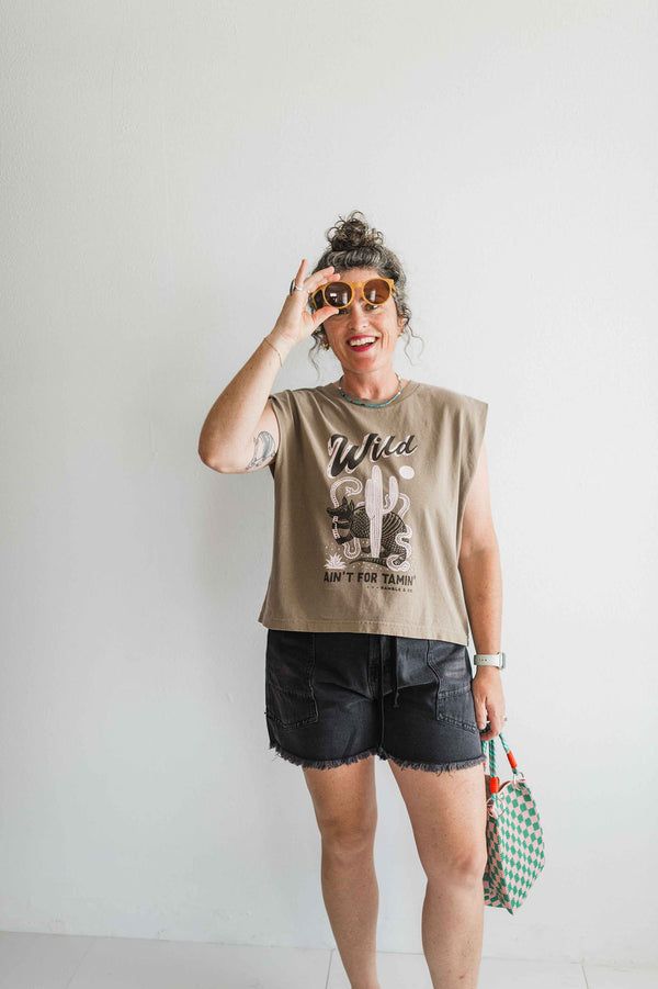 wild ain't for tamin' desert | faded brown boxy muscle tee