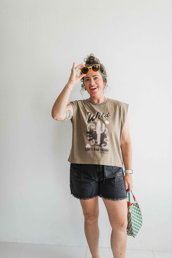 wild ain't for tamin' desert | faded brown boxy muscle tee