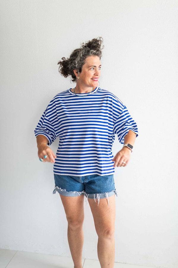 oversized boyfriend tee| cobalt stripe