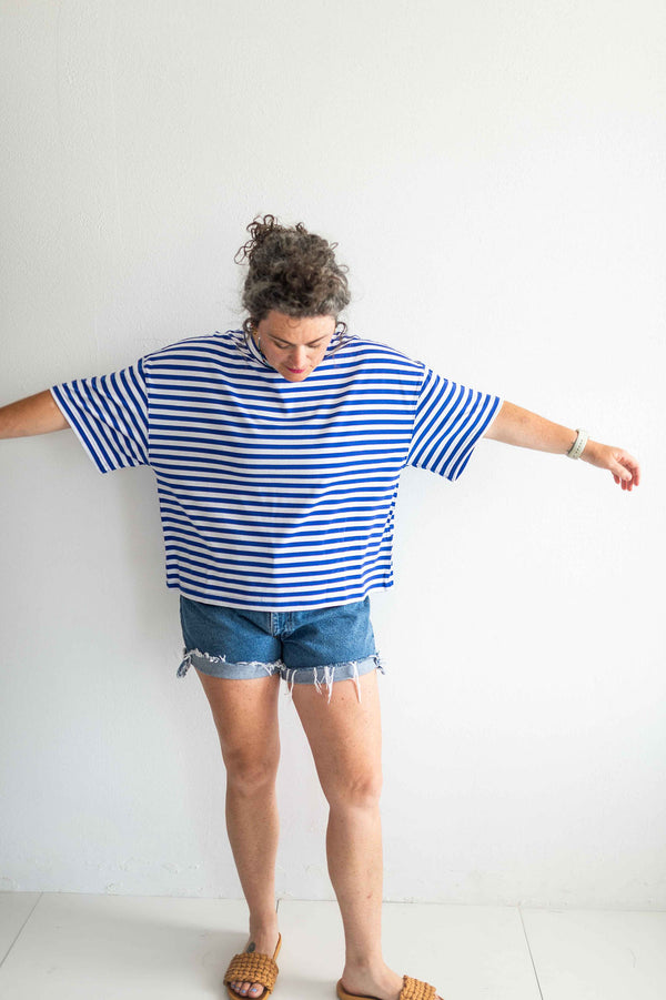 oversized boyfriend tee| cobalt stripe