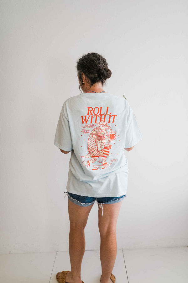 roll with it armadillo soothing blue | comfort wash unisex tee