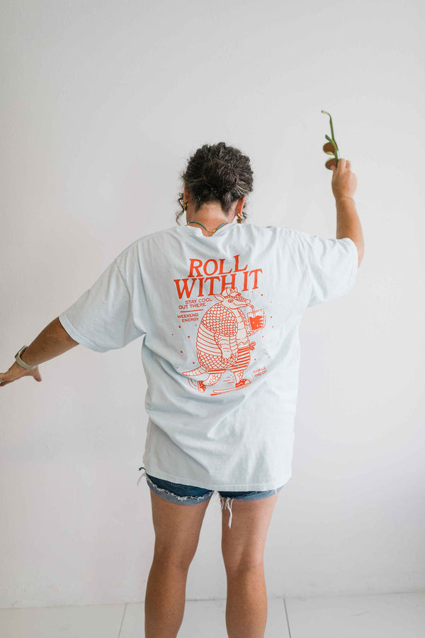 roll with it armadillo soothing blue | comfort wash unisex tee