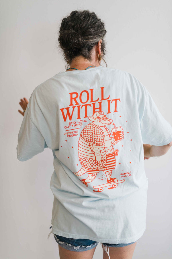 roll with it armadillo soothing blue | comfort wash unisex tee