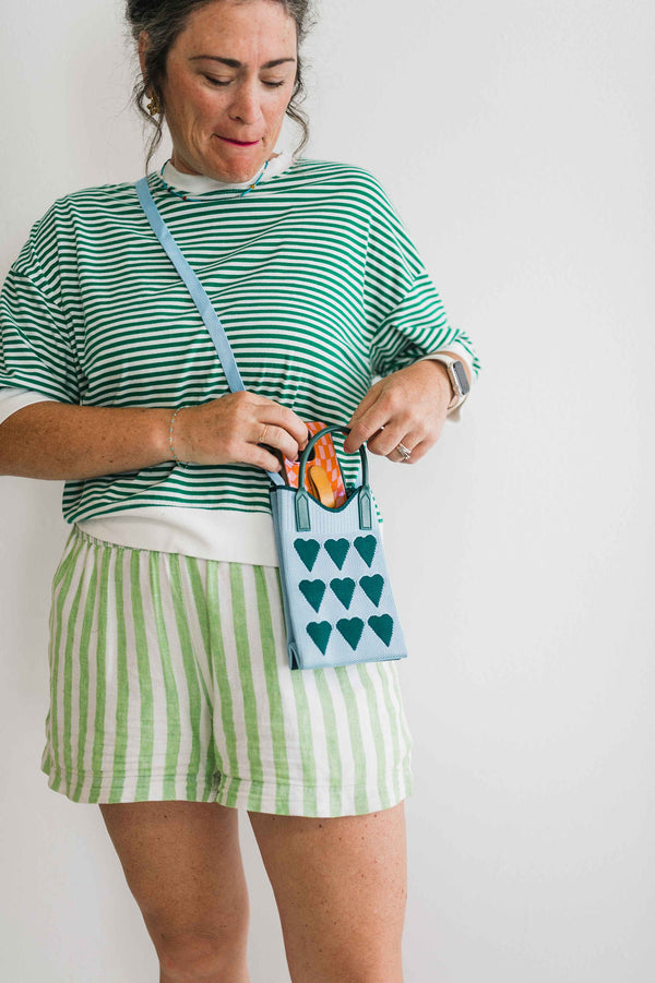mini heart crossbody bag | blue + green