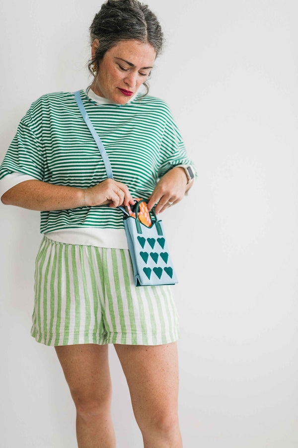 mini heart crossbody bag | blue + green