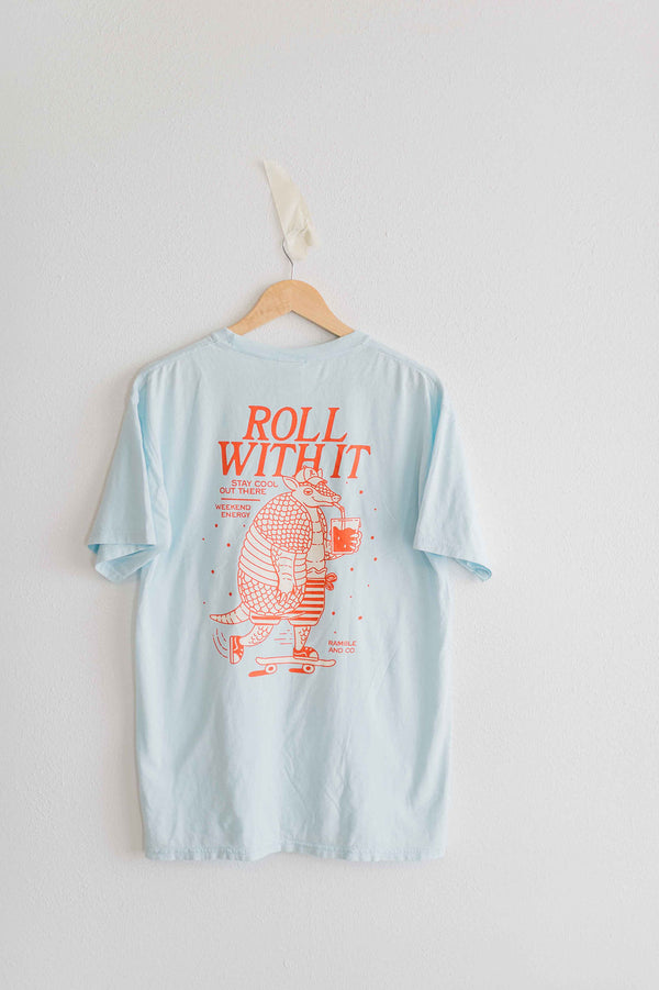 roll with it armadillo soothing blue | comfort wash unisex tee
