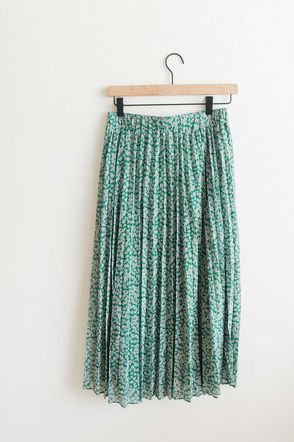 pleated ditsy floral midi skirt | green + white