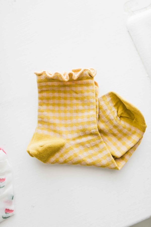 check plaid ruffle socks | yellow